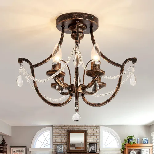 UOFUS Candelabro de Cristal Vintage Semi Empotrado en Bronce Frotado con Aceite de 4 Luces, Lámpara de Techo de Metal Pequeña, Luminaria de Techo
