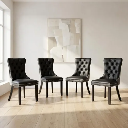 OVENTA Juego de 4 sillas de comedor modernas tapizadas copetudas, terciopelo negro y gris y cuero con patas de madera maciza, sillas de cocina (gris