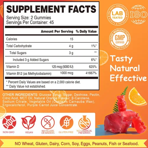 Miniatura 5 de Gomitas veganas de vitamina D3 y B12, suplemento de metilo B12 para adultos y niños, mejorado con vitamina D 3 para energía natural, inmune