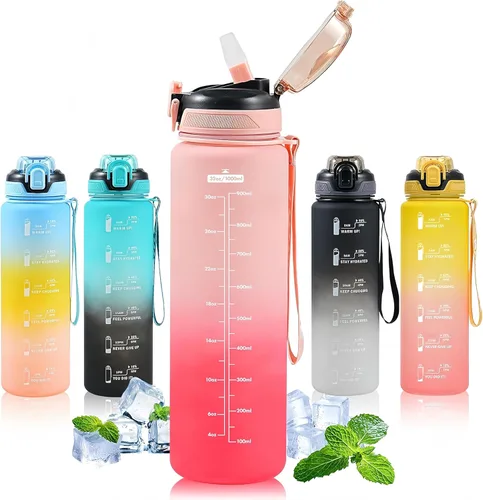 Miniatura 8 de Botella de agua deportiva con popote, botellas de agua de 32 onzas con marcador de tiempo para niños y niñas, botella de agua simple y moderna