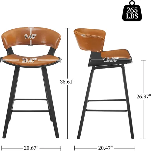 Miniatura 2 de Art Leon Juego de 4 taburetes de bar modernos de mediados de siglo con respaldo, taburetes tapizados de piel sintética con patas de madera maciza