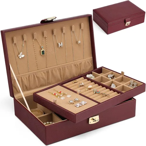 Vlando Joyero para mujeres y niñas organizador de joyas grande de 2 capas soporte de joyería de piel sintética con bandeja extraíble para collares