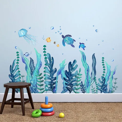 Miniatura 5 de Tenare 5 hojas de calcomanías de pared de tortuga marina oceánica, calcomanías de bajo el mar, algas, hierba, medusas, peces, calcomanías de vinilo