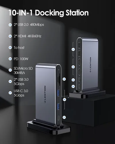 Miniatura 2 de LENTION Estación de acoplamiento para portátil USB C desmontable 10 en 1 con HDMI dual 4K a 60Hz, carga PD, USB C, USB-A, lectores de tarjetas