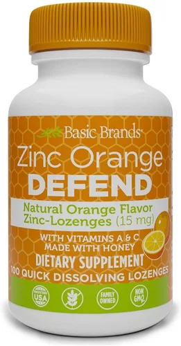 Basic Brands Zinc Orange Defend - Pastillas de zinc para adultos, apoyo inmunológico y apoyo de bienestar estacional - Sabor naranja, 100 unidades