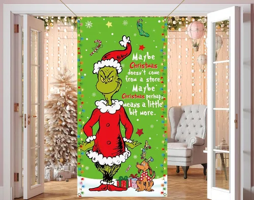 Miniatura 5 de Sunwer Cubierta de Puerta Verde de Navidad Whoville Decoración de Fiesta Navideña de Invierno Cartel de Porche Frontal Telón de Fondo Banner
