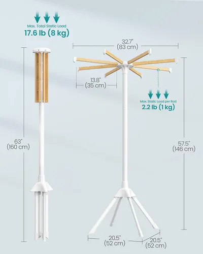 Miniatura 6 de SONGMICS Estante de secado de ropa, con varillas de bambú para colgar, estante de lavandería plegable de metal, ahorro de espacio, aireador