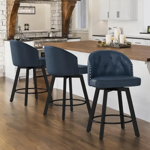 Miniatura 17 de Cozyman Taburetes de bar retro de altura de mostrador con respaldo, asientos tapizados de piel sintética giratoria de 26 pulgadas, patas de metal