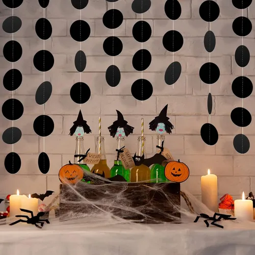 Miniatura 7 de MIAHART Guirnaldas circulares de 52 pies con puntos circulares negros, guirnalda de papel para colgar en cumpleaños, graduación, decoración