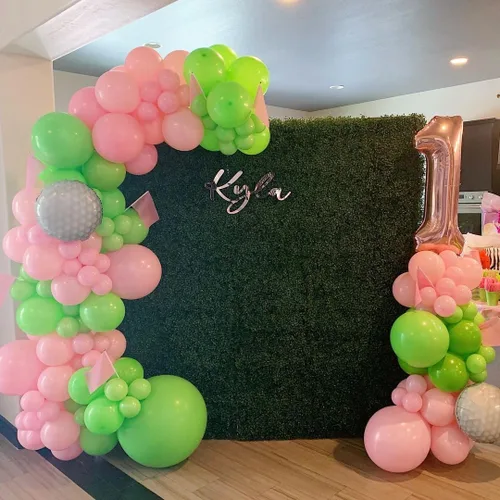 Miniatura 4 de Kit de arco de guirnalda de globos con agujero en uno, 153 piezas de palos de golf rosa y verde con estrellas y globos de aluminio para decoración