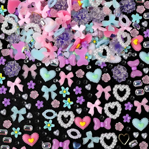 Miniatura 22 de COOSLIM 110 dijes de uñas 3D para uñas acrílicas, flor de camelia, rosa, mariposa, lazo, corazón, oso, conejo, estrella, para diseños de uñas, Negro