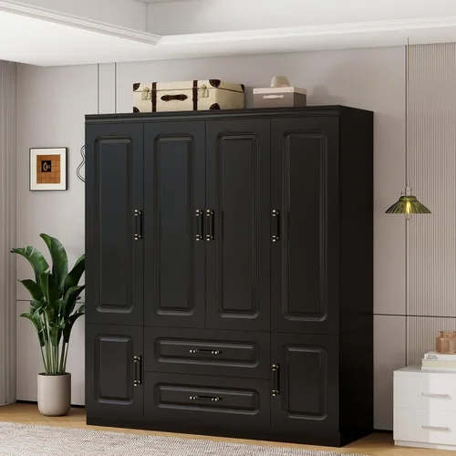 Miniatura 3 de Armario de madera, armario de almacenamiento grande, diseño de 4 puertas, armario con 2 cajones y 2 varillas para colgar, adecuado para dormitorio