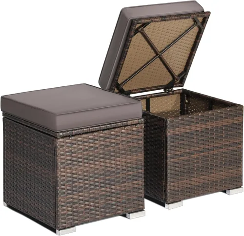 Miniatura 12 de RELAX4LIFE Otomana de mimbre para almacenamiento al aire libre, reposapiés de ratán de 2 piezas con cojín extraíble, reposapiés multiusos, mesa Rojo