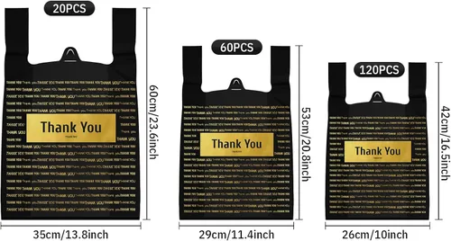 Miniatura 5 de Zonon 200 bolsas de compras de agradecimiento en 3 tamaños bolsas de plástico con asa Boutique Bolsas de compras Negro