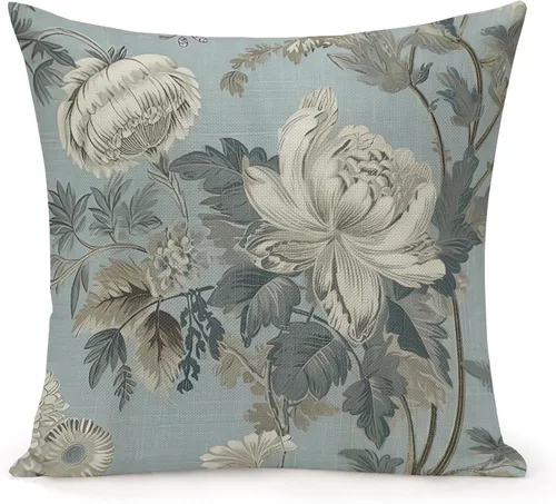 Miniatura 12 de Fundas de almohada chinoiserie verde turquesa floral y pájaro con cremallera de 16 x 16 pulgadas, fundas de almohada de lino para sofá, dormitorio