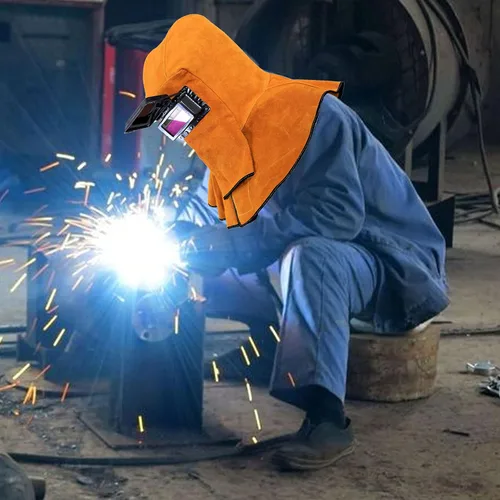 Miniatura 7 de Máscara de soldadura de cuero, capucha de cuero con capucha de soldador, casco de soldador con lente de filtro de oscurecimiento automático, casco