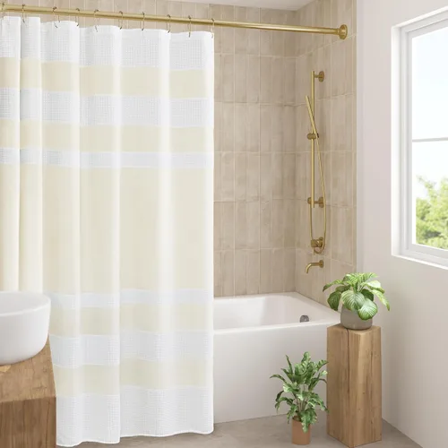 Miniatura 50 de Madison Park Cortina de ducha de tejido waffle con diseño a rayas en piezas, cortina de ducha de tela para baño con gestión de humedad 3M Rayas Taupe