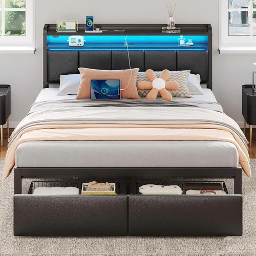 Miniatura 12 de Rolanstar Armazón de cama tamaño completo con estación de carga y luces LED, cabecera tapizada con estantes de almacenamiento, listones de metal