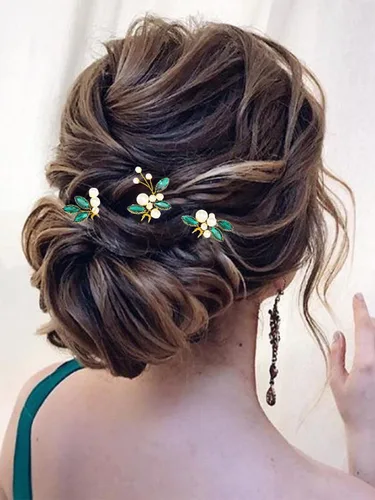 Miniatura 7 de Casdre Horquillas para el pelo de perlas doradas y verdes con diamantes de imitación para novias, accesorios para el cabello de boda para mujeres