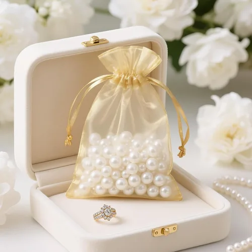 Miniatura 4 de Joycraft 50 bolsas de organza, bolsas de tul transpirables doradas de 4 x 6 pulgadas con cordón, bolsa de malla transparente para recuerdos de boda