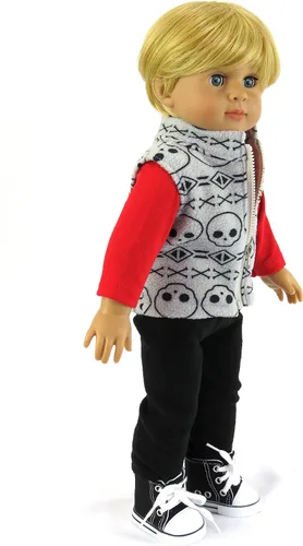Miniatura 3 de American Fashion World Conjunto de chaleco y pantalones de calavera para niños de 3 piezas para muñecas de 18 pulgadas Calidad premium y diseño