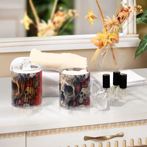Miniatura 7 de Vnurnrn Qtip - Dispensador de bolas de algodón con tapa, estampado de corazones y calaveras, tarros de plástico, recipientes de baño, organizador