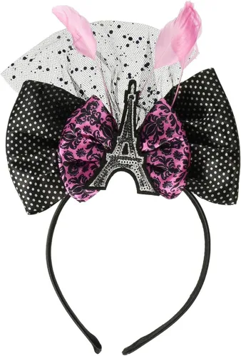Chic Day in Paris - Diadema de lazo de lujo, 9 x 6 pulgadas (1 unidad), elegante diseño negro y rosa, perfecta para cualquier fiesta
