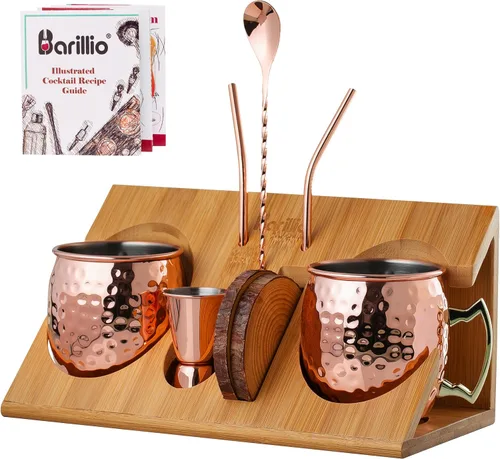 Miniatura 7 de Barillio Moscow Mule - Juego de 2 tazas de cóctel de acero inoxidable, chapadas en cobre con soporte de bambú, aptas para alimentos, kit Moscow Mule