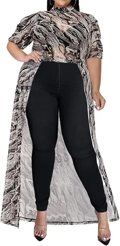 Blusa de manga corta abombada para mujer, de talla grande, de malla, transparente, maxivestido tipo túnica