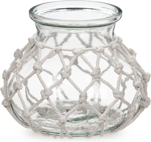 Miniatura 8 de Hollyone Jarrón de vidrio ámbar con cubierta de cuerda de algodón, jarrón redondo de vidrio tejido, botella de flores decorativa, jarrón moderno