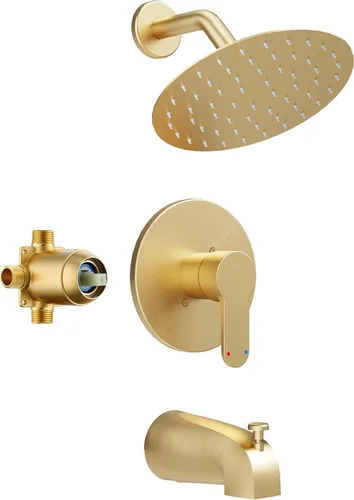 Grifo de ducha de bañera, juego de grifo de ducha dorado cepillado con cabezal de ducha de lluvia de metal de 6 pulgadas y boquilla de bañera, kit