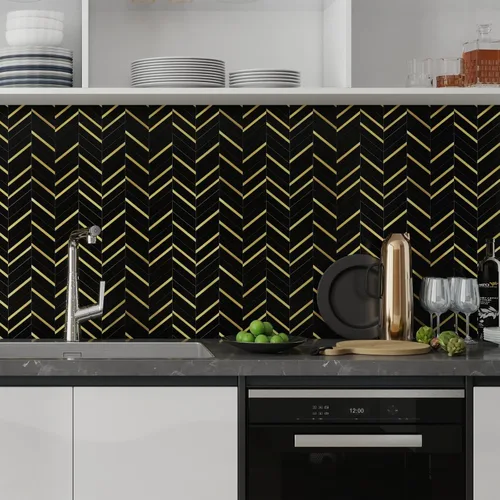 Miniatura 6 de 10 hojas de azulejos de espiga para despegar y pegar, mármol negro mezclado con metal dorado, PVC autoadhesivo para salpicaderos de cocina y baño