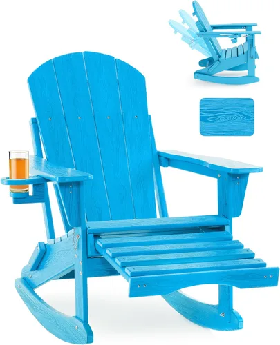 Miniatura 21 de Mecedora plegable Adirondack, silla de patio multifuncional 4 en 1 con otomana retráctil, silla de exterior con textura de madera, silla de césped