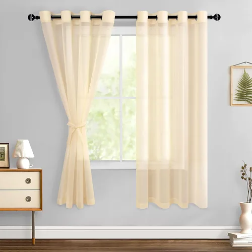 Miniatura 177 de Hiasan - Cortinas traslúcidas de gasa cortas semitransparentes con ojales y alzapaños filtrantes de luz para ventana, dormitorio, baño, 2 paneles