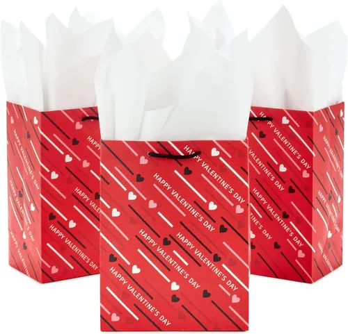 Hallmark Bolsas medianas de regalo para el día de San Valentín de 8.8 pulgadas con papel de seda (corazones diagonales y rayas, paquete de 3)