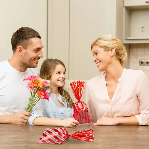 Miniatura 4 de Aneco Paquete de 100 bolsas de celofán rojo de 10.6 x 5.1 pulgadas, bolsas de plástico para dulces, bolsas de regalo, bolsas de regalo con lazos