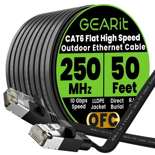 Miniatura 15 de GEARit Cable Ethernet plano Cat 6 para exteriores (15 pies, negro) Chaqueta LLDPE clasificada para entierro directo – Cat6 blindado FTP 10Gbps