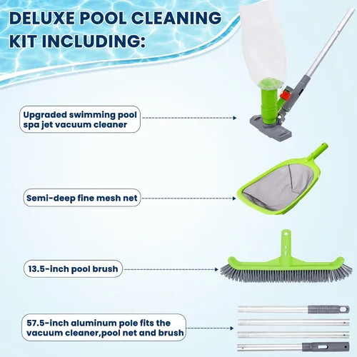 Miniatura 2 de Sepetrel Kit de limpieza de piscina de lujo con aspiradora de chorro, cepillo, red de skimmer semi-profunda y poste ajustable de 57.5 pulgadas