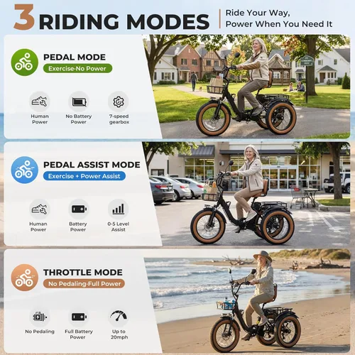 Miniatura 7 de Electric Tricycle for Adults 750W(Peak 1350W) 48V15.6Ah Etrike 20"x4" Fat Tire Electric Trike 3-Wheel Aluminum Alloy Folding Electric Tricycle Max