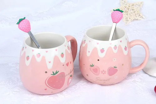 Miniatura 6 de Taza rosa, lindas tazas de fresa con cuchara coladora de tapa, regalos para mujeres, tazas de café de cerámica, taza de té Kawaii de 15 onzas