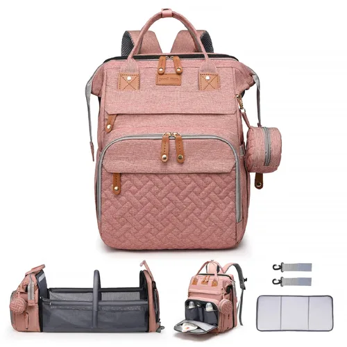 Miniatura 23 de Bolsa de pañales con cambiador, mochila para pañales, bolsa de pañales de viaje 7 en 1, bolsa para mamá con puerto de carga USB (rosa-gris)