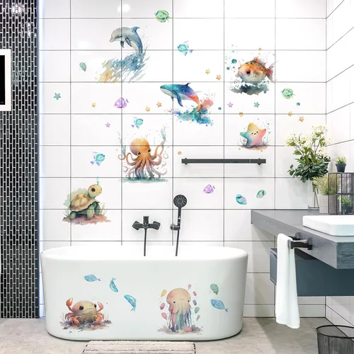 Miniatura 2 de Runtoo Calcomanías de pared bajo el mar, diseño de tortuga, medusas, vida marina, subacuática, para baño, bebé, guardería, niños, decoración de pared