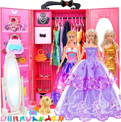 Muñeca de moda de 11.5 pulgadas con accesorios de ropa de armario, incluye vestido de princesa, vestidos largos, trajes, zapatos, bolsos, espejo,