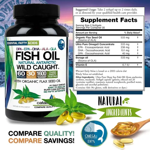 Miniatura 4 de Aceite de pescado antártico salvaje con aceite de semilla de lino orgánico - Omega 3-6-9 ultra puro con EPA-DHA-DPA-GLA-ALA, sabor vainilla claro