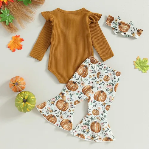 Miniatura 7 de Kuriozud Conjunto de Pantalones Acampanados para Bebé Recién Nacida Niña Mameluco con Volantes Lindo Lazo Pantalones Acampanados Diadema Ropa Linda