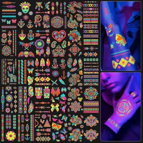 201 tatuajes que brillan en la oscuridad para suministros de fiesta, tatuajes temporales que brillan bajo luz negra UV neón para niños, adolescentes