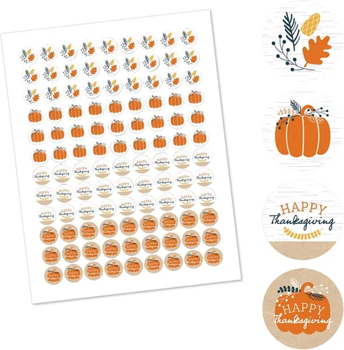 Miniatura 3 de Big Dot of Happiness Happy Thanksgiving - Calcomanías redondas para fiesta de cosecha de otoño, etiquetas para dulces de chocolate (1 hoja de 108)