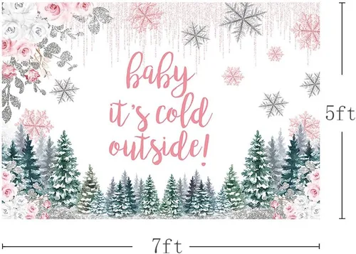 Miniatura 3 de MEHOFOND Telón de fondo de invierno para baby shower de 7 x 5 pies para niñas, Baby It's Cold Outside Rosa Floral Fotografía Fondo Pequeño Copo
