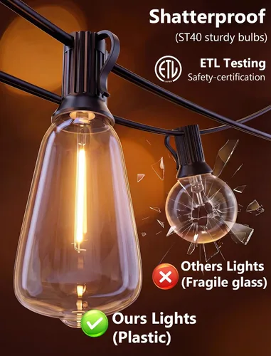 Miniatura 8 de Tira de luces LED ST40 de 20 pies para exteriores con 22 bombillas Edison vintage inastillables, tira de luces para patio, impermeable, para patio