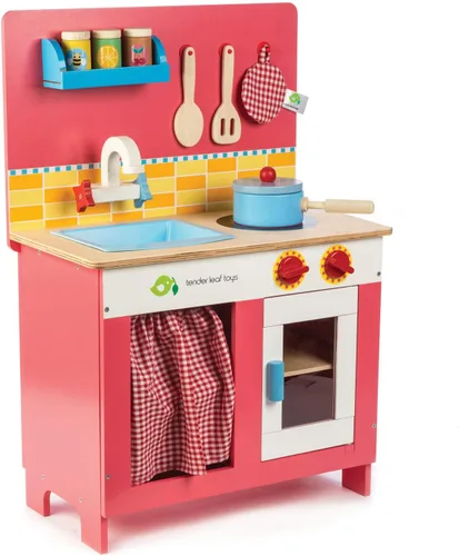 Tender Leaf Toys - Cocina Cherry Pie - Cocina moderna con cocina, horno, armario y utensilios de madera - Set de juego y regalo para niños pequeños